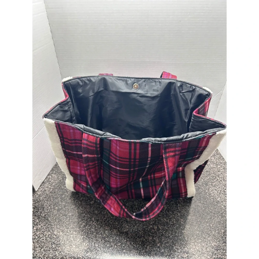 Victoria's Secret Plaid Sherpa Trim‎ Tote Bag VS Logo Holiday Cozy